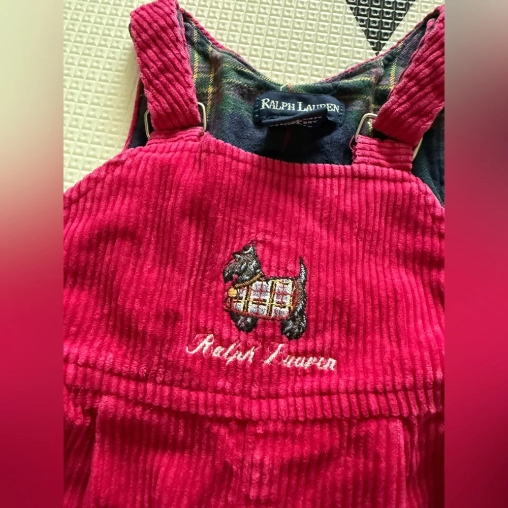 Vintage Ralph Lauren|Baby girl corduroy overalls in vibrant pink w preppy dog•••